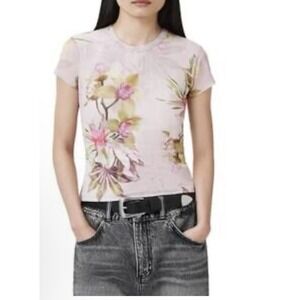 AllSaints Pink Ellie Pink‎ Floral Print Mesh T-Shirt Size 10 Stretch Ballet Core